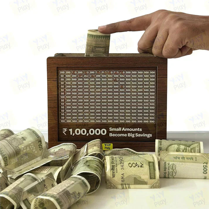 Wooden Money Bank - ₹1 Lakh Savings Challenge Box