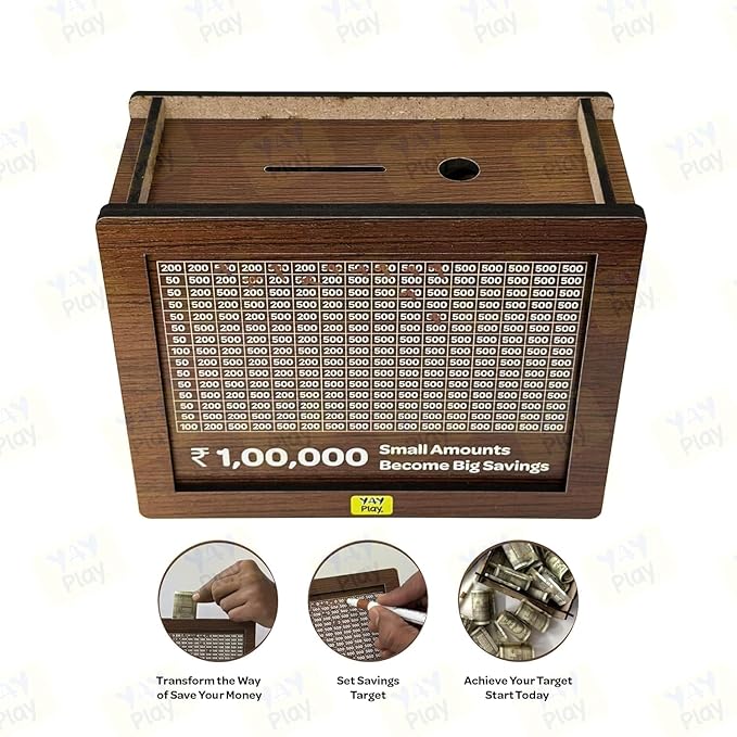 Wooden Money Bank - ₹1 Lakh Savings Challenge Box