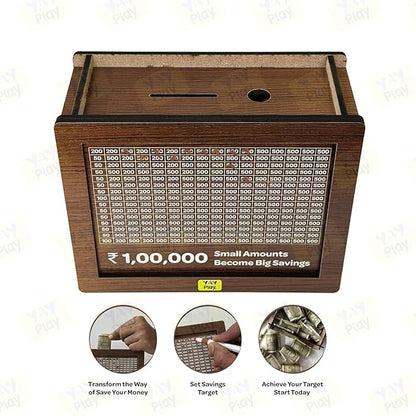 Wooden Money Bank - ₹1 Lakh Savings Challenge Box